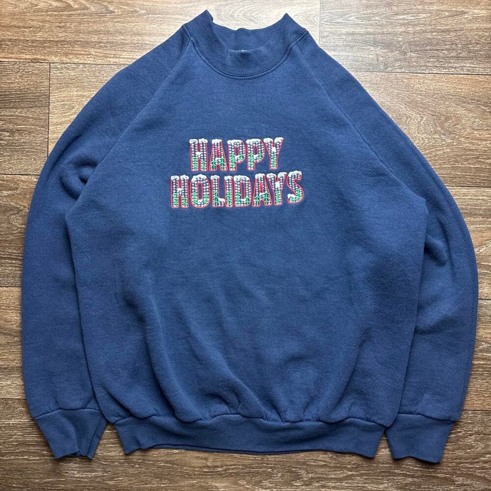 Vintage Navy Blue 1990s Happy Holidays Crewneck Sweatshirt